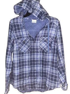 Women’s Columbia Thin Hooded Flannel Button Up With Drawstrings Sz S Roll Tab